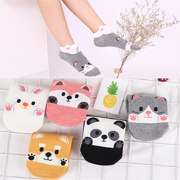 Kawaii Animal Printed Ankle Socks Women Girl Cat Slipper Socks Target 100 Cotton Loafer Socks Low Cut Socks Non Slip White Socks